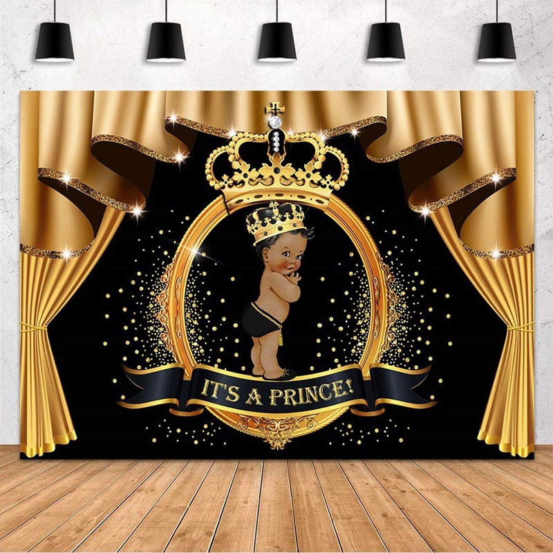 MEHOFOND It's A Prince Baby Shower Backdrop Prince Black Gold Party Decorations Crown Curtain Diamond Royal Prince Photography Background Banner Cake Table Studio Photo Props 7x5ft - Image 1